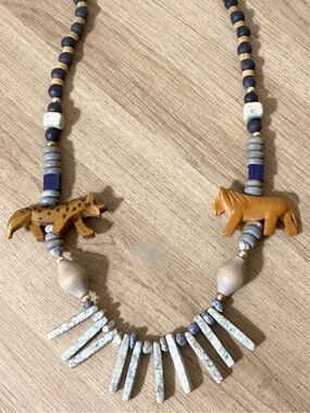 Vtg African Style Necklace Carved Animals Wooden Stone Beaded Jungle Folk Art